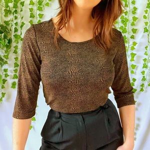 Vintage 90s to y2k brown and black pebbled snake print stretchy half sleeve top